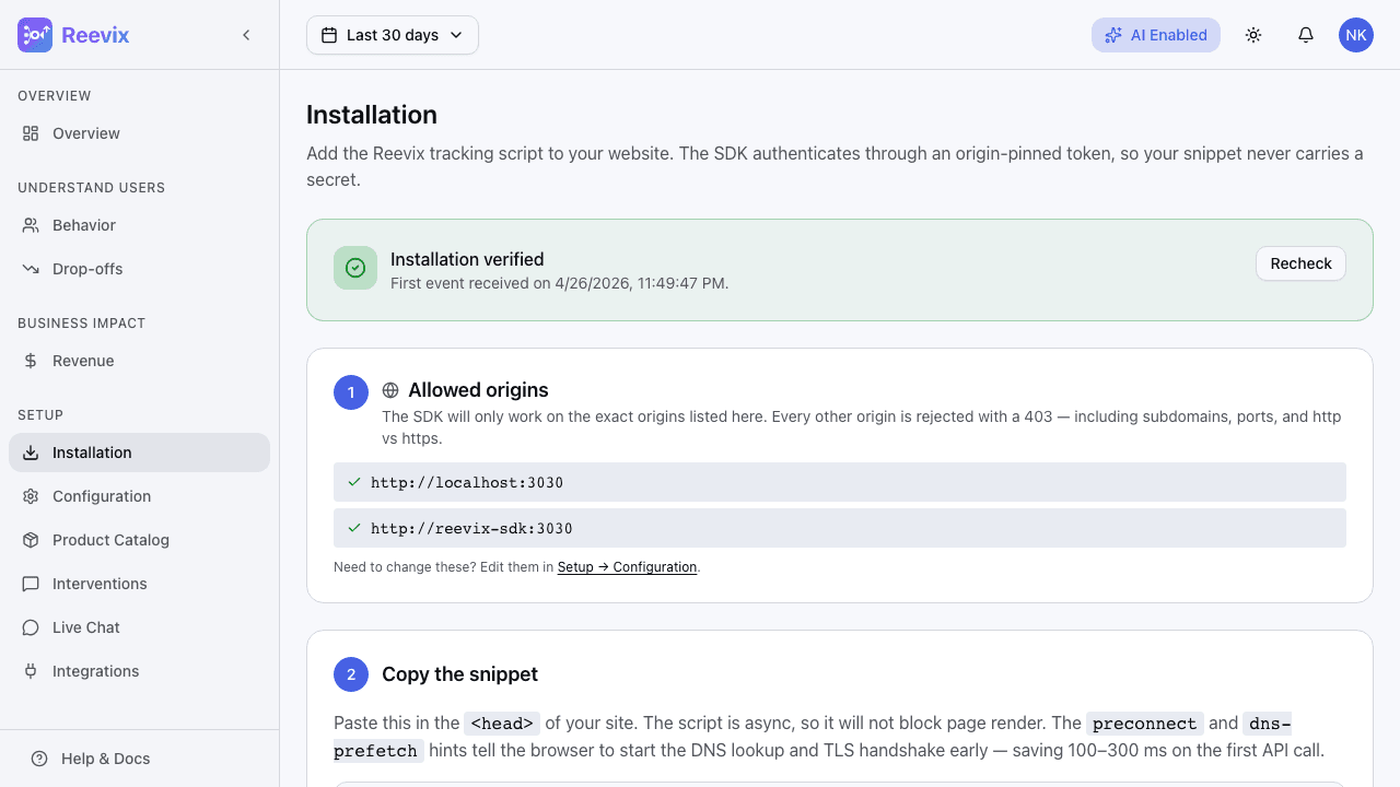 Reevix SDK installation and configuration