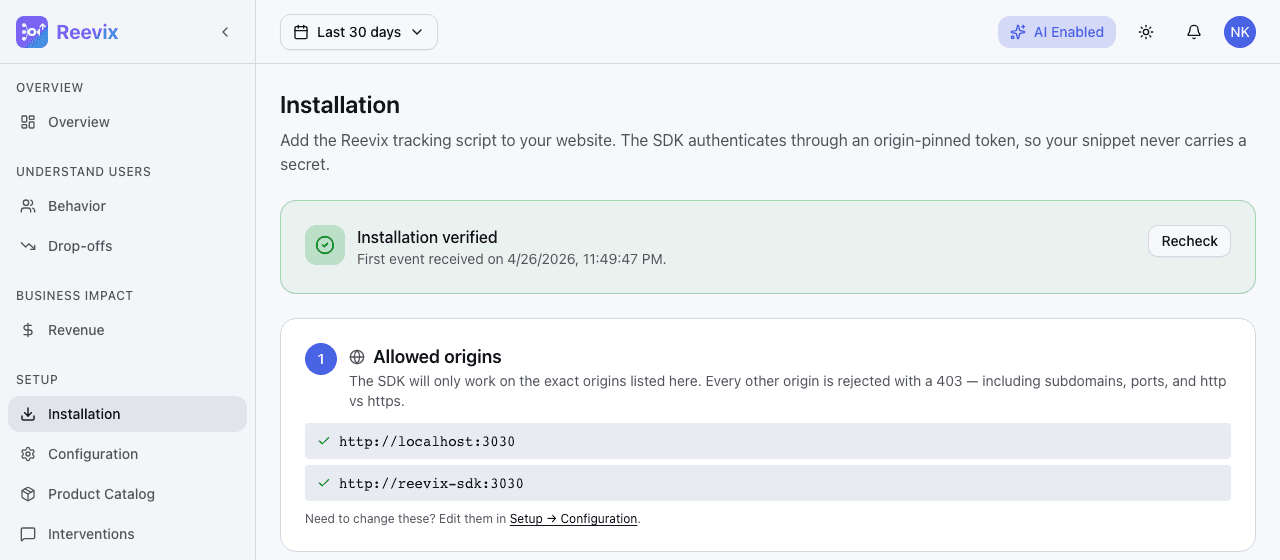 Reevix SDK installation snippet