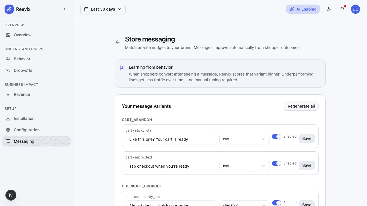 Reevix message templates by behavioral state