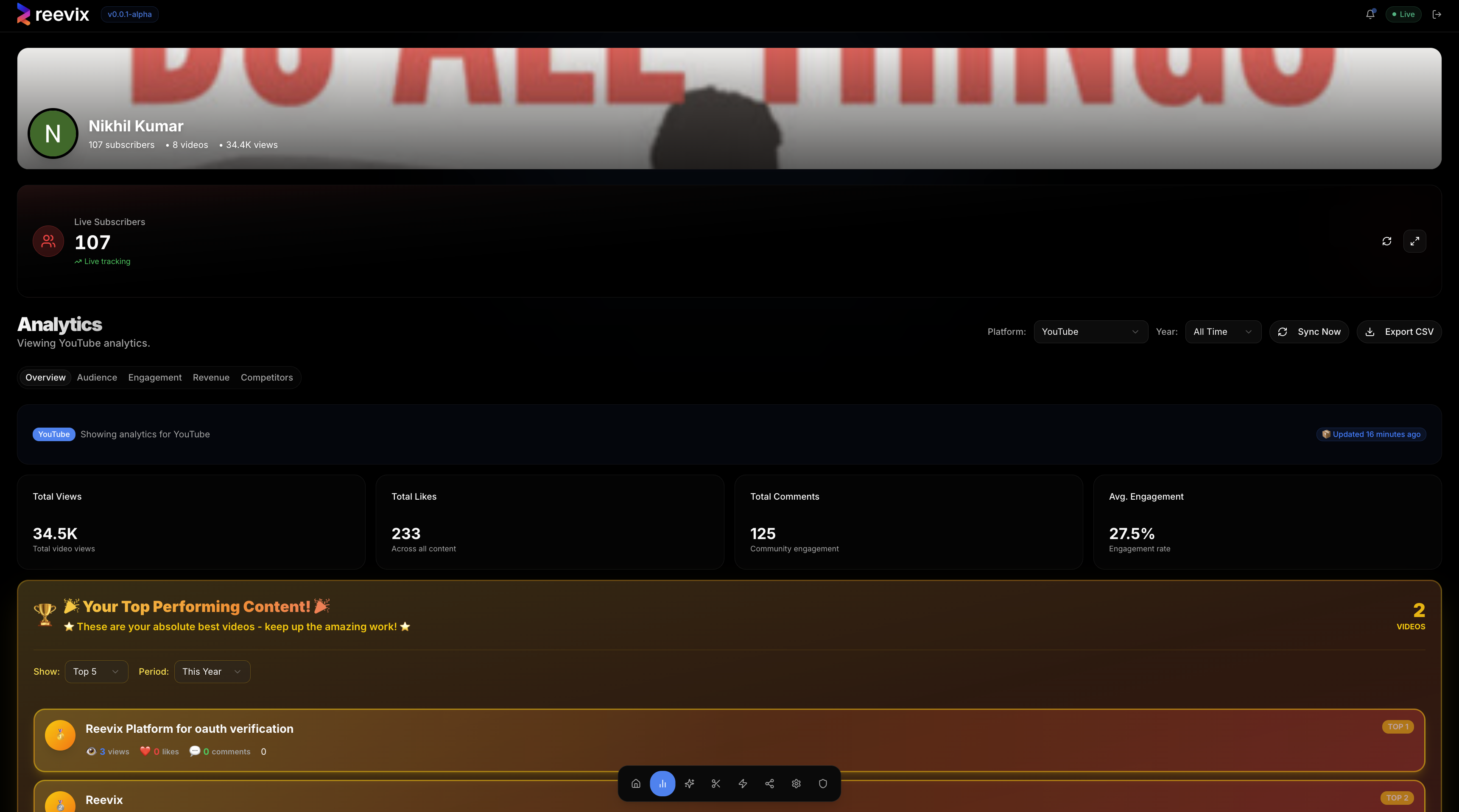 Reevix Analytics Dashboard - YouTube channel performance metrics and insights