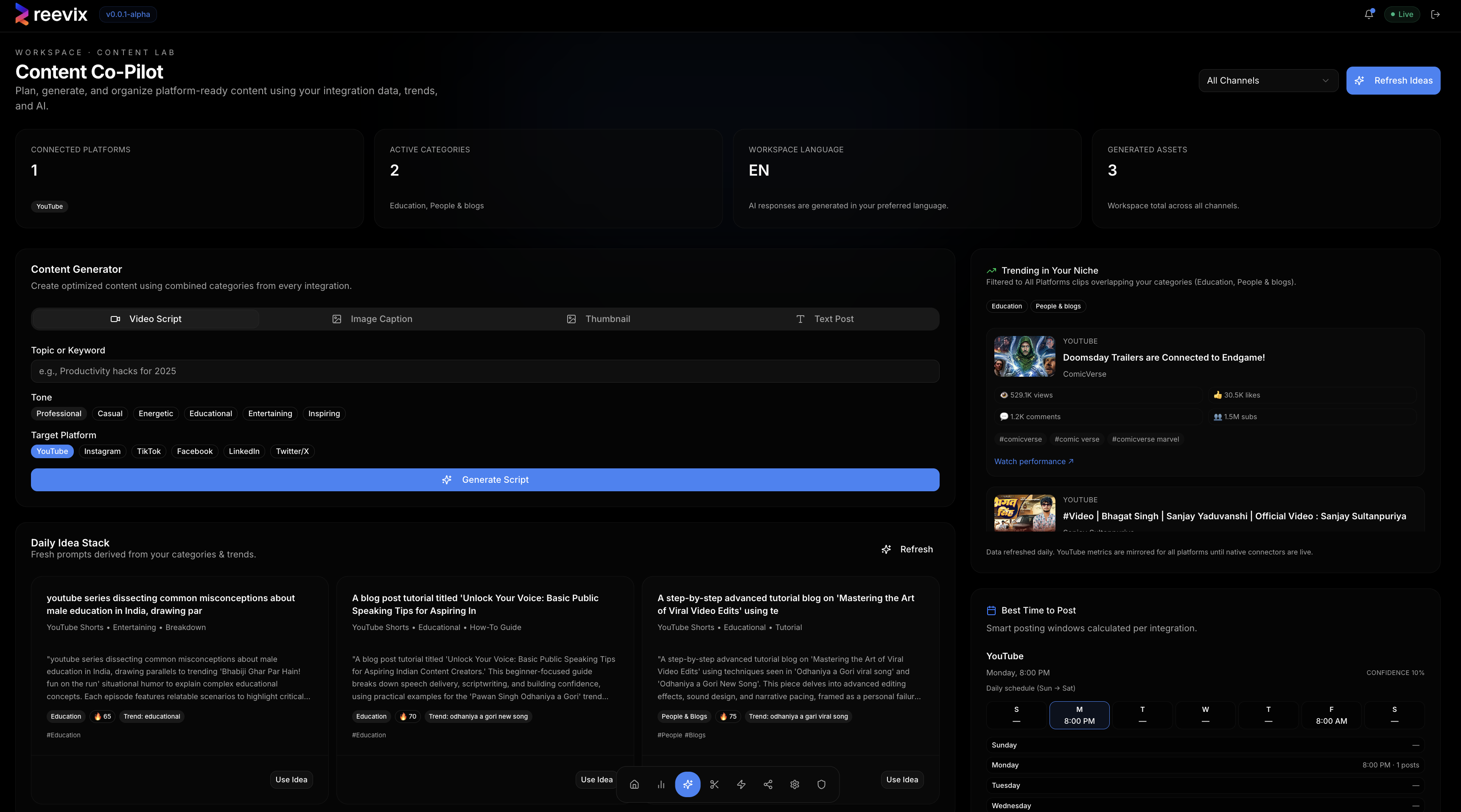 Reevix Content Co-Pilot - AI Video Script Generator for YouTube creators